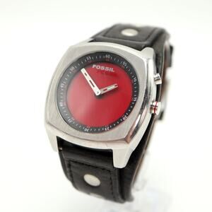 Vintage Y2k Fossil BigTic Color Change Dial Black Red 40mm Watch Leather Strap